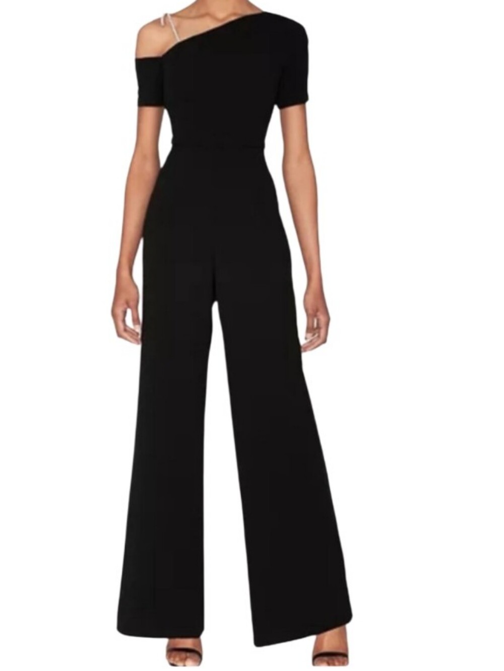 White Tie by Shani Black One-Shoulder Wide-Leg Jumpsuit Bow Lined Size 12 NWT